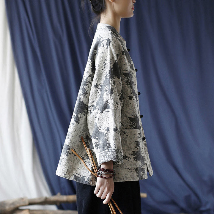 Chemise à manches longues en coton et lin avec imprimé Buddha Stones noir et gris et boutons de grenouille avec poches - image 3