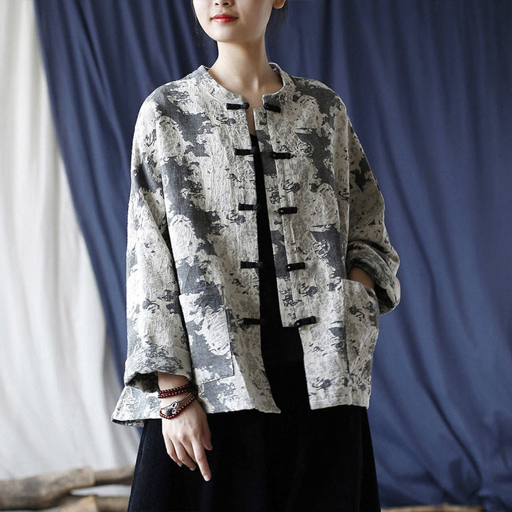 Chemise à manches longues en coton et lin avec imprimé Buddha Stones noir et gris et boutons de grenouille avec poches - image 20