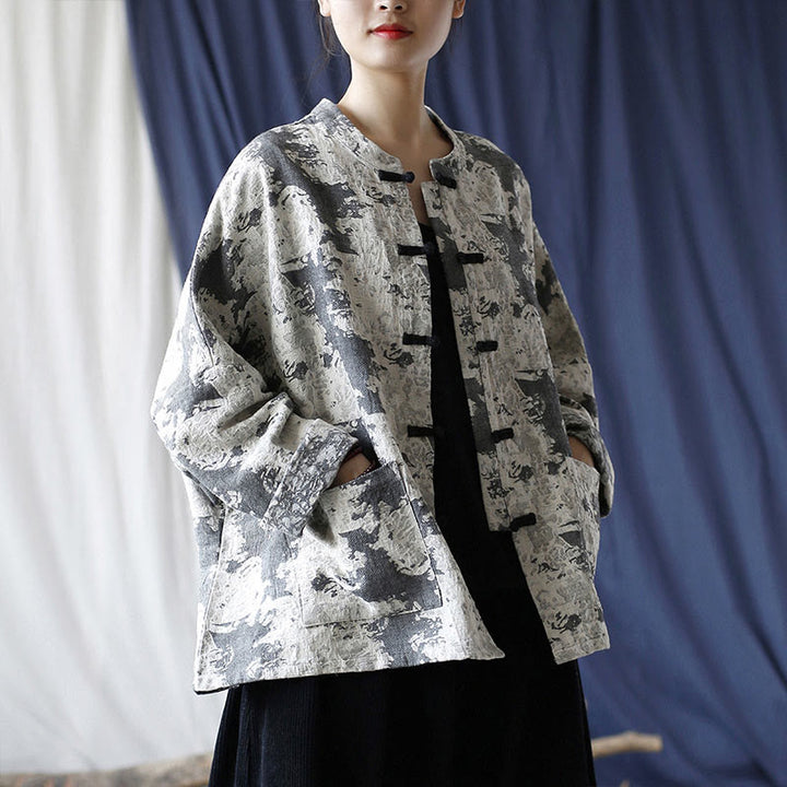 Chemise à manches longues en coton et lin avec imprimé Buddha Stones noir et gris et boutons de grenouille avec poches - image 22
