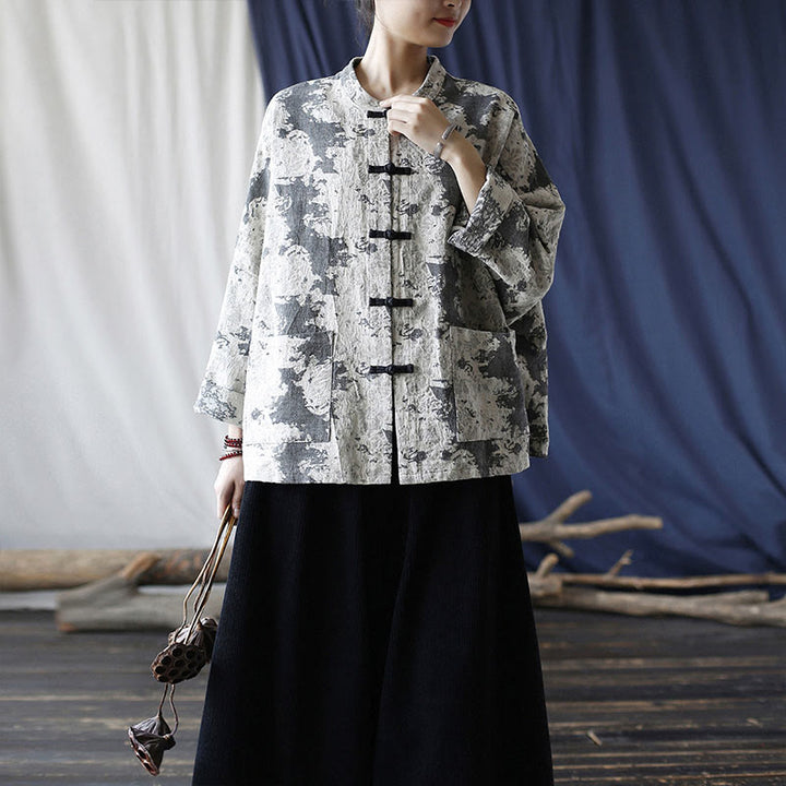 Chemise à manches longues en coton et lin avec imprimé Buddha Stones noir et gris et boutons de grenouille avec poches - image 34