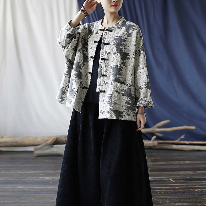 Chemise à manches longues en coton et lin avec imprimé Buddha Stones noir et gris et boutons de grenouille avec poches - image 33
