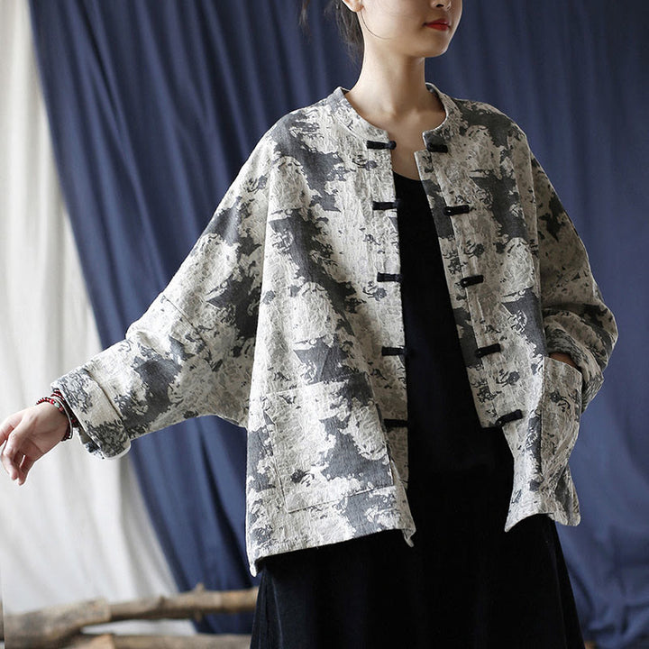 Chemise à manches longues en coton et lin avec imprimé Buddha Stones noir et gris et boutons de grenouille avec poches - image 16