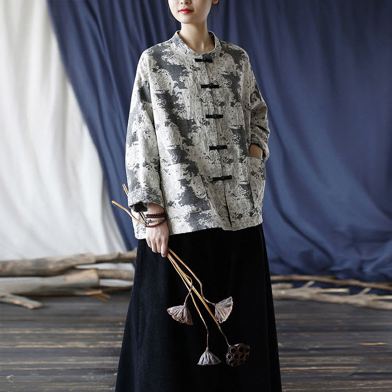 Chemise à manches longues en coton et lin avec imprimé Buddha Stones noir et gris et boutons de grenouille avec poches - image 35