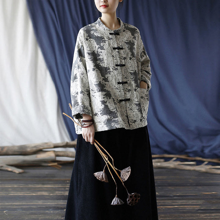 Chemise à manches longues en coton et lin avec imprimé Buddha Stones noir et gris et boutons de grenouille avec poches - image 35
