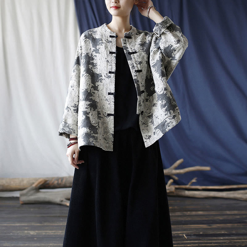 Chemise à manches longues en coton et lin avec imprimé Buddha Stones noir et gris et boutons de grenouille avec poches - image 37