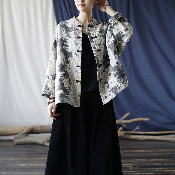 Chemise à manches longues en coton et lin avec imprimé Buddha Stones noir et gris et boutons de grenouille avec poches - image 37