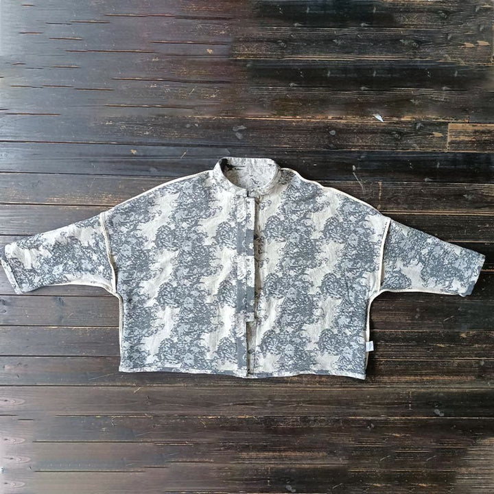 Chemise à manches longues en coton et lin avec imprimé Buddha Stones noir et gris et boutons de grenouille avec poches - image 14