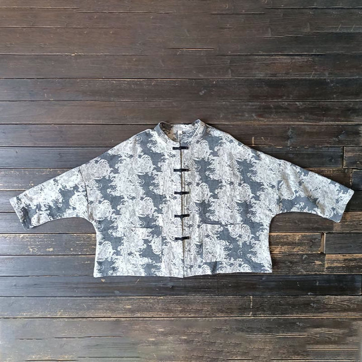 Chemise à manches longues en coton et lin avec imprimé Buddha Stones noir et gris et boutons de grenouille avec poches - image 15