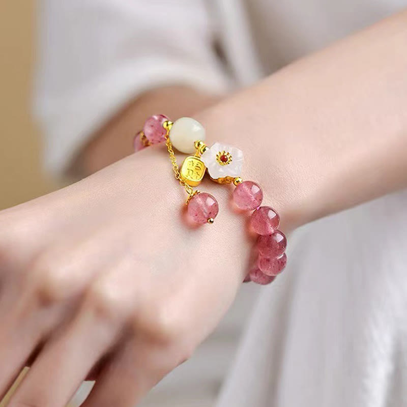 Bracelet de guérison en cristal rose avec personnage Fu et quartz fraise Buddha Stones - image 2