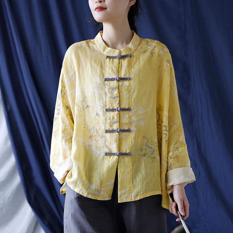 Chemise veste en lin ramie à manches longues avec imprimé phénix jaune Buddha Stones et boutons de grenouille - image 5