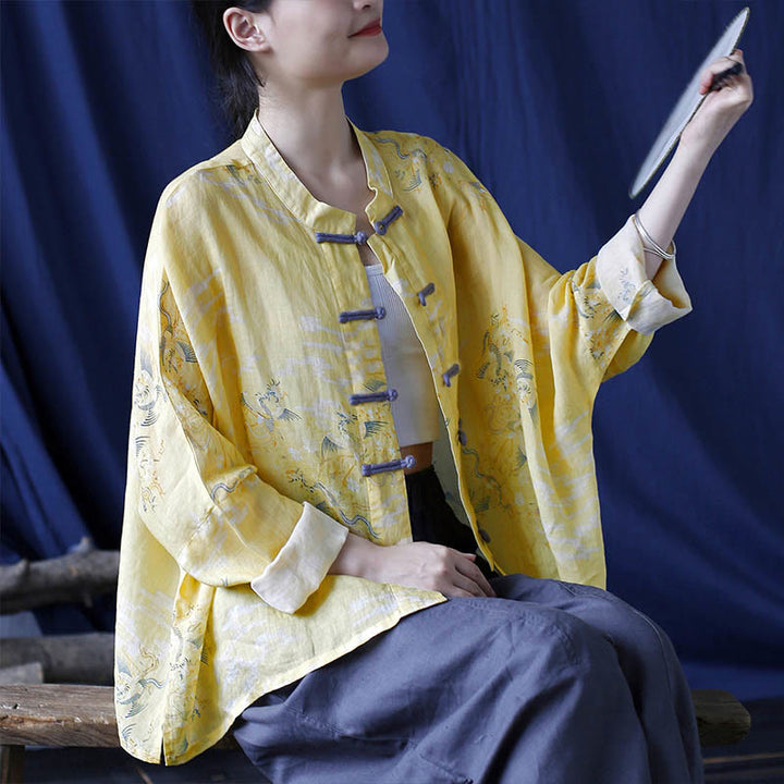 Chemise veste en lin ramie à manches longues avec imprimé phénix jaune Buddha Stones et boutons de grenouille - image 8