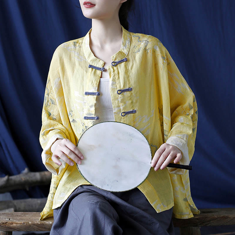 Chemise veste en lin ramie à manches longues avec imprimé phénix jaune Buddha Stones et boutons de grenouille - image 7