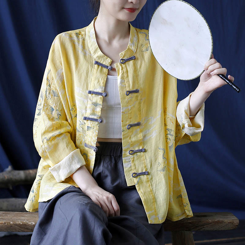 Chemise veste en lin ramie à manches longues avec imprimé phénix jaune Buddha Stones et boutons de grenouille - image 9