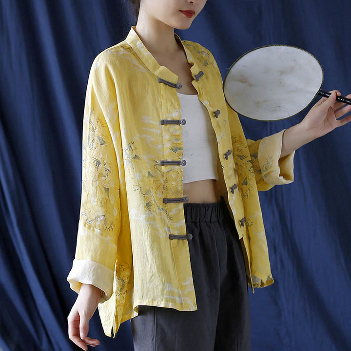 Chemise veste en lin ramie à manches longues avec imprimé phénix jaune Buddha Stones et boutons de grenouille - image 2