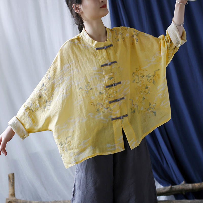 Chemise veste en lin ramie à manches longues avec imprimé phénix jaune Buddha Stones et boutons de grenouille - image 10