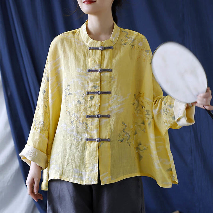 Chemise veste en lin ramie à manches longues avec imprimé phénix jaune Buddha Stones et boutons de grenouille - image 12
