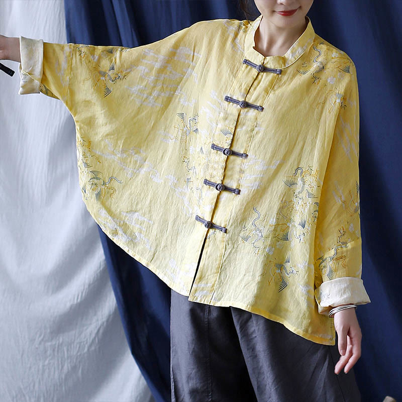 Chemise veste en lin ramie à manches longues avec imprimé phénix jaune Buddha Stones et boutons de grenouille - image 11
