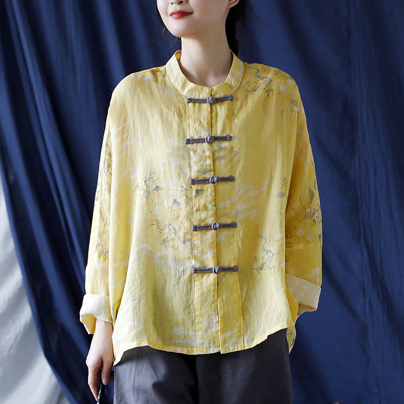 Chemise veste en lin ramie à manches longues avec imprimé phénix jaune Buddha Stones et boutons de grenouille - image 16