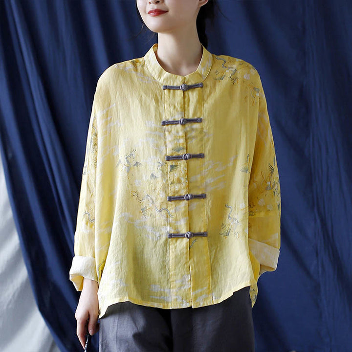 Chemise veste en lin ramie à manches longues avec imprimé phénix jaune Buddha Stones et boutons de grenouille - image 16