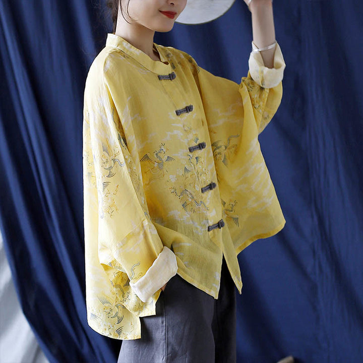 Chemise veste en lin ramie à manches longues avec imprimé phénix jaune Buddha Stones et boutons de grenouille - image 3