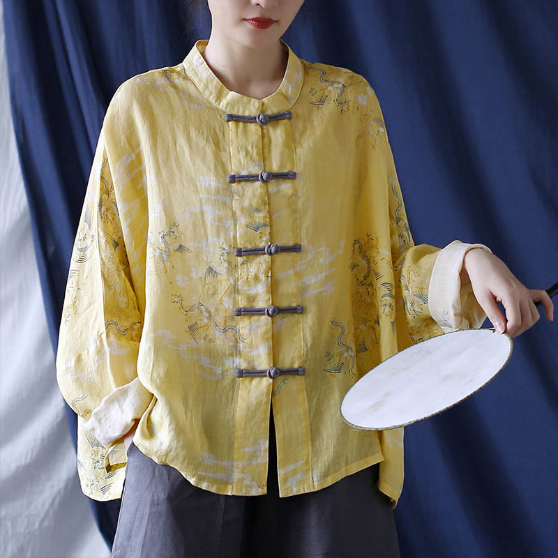Chemise veste en lin ramie à manches longues avec imprimé phénix jaune Buddha Stones et boutons de grenouille - image 1