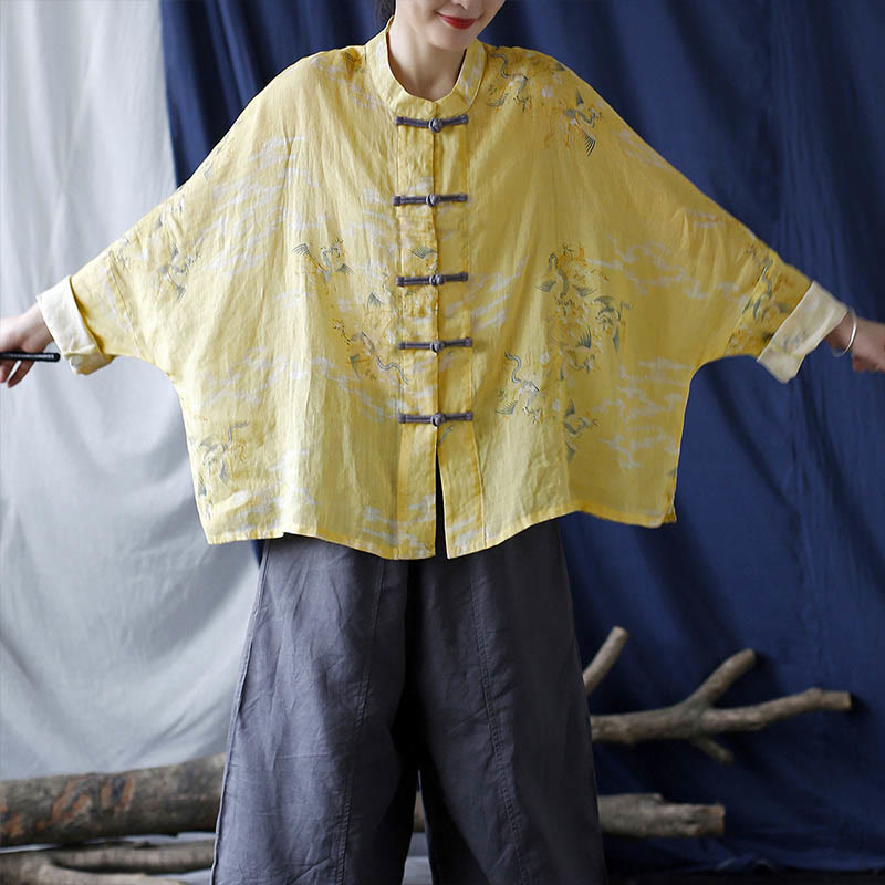 Chemise veste en lin ramie à manches longues avec imprimé phénix jaune Buddha Stones et boutons de grenouille - image 14