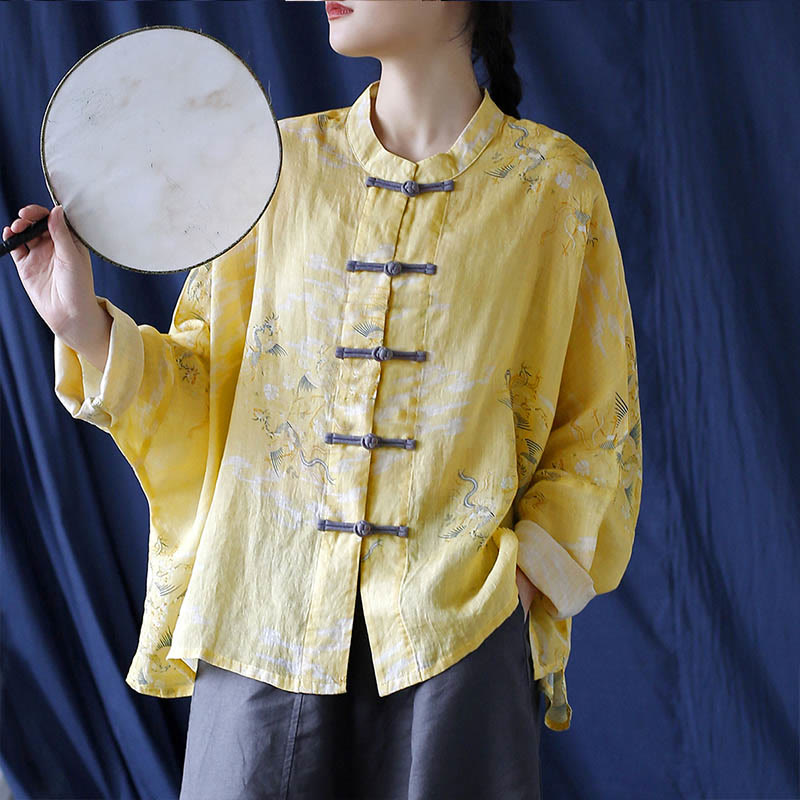 Chemise veste en lin ramie à manches longues avec imprimé phénix jaune Buddha Stones et boutons de grenouille - Veste courte Yellow Phoenix (Convient aux tailles US 4-14 ; UK/AU 8-18 ; EU 36-46) (Veste uniquement) - image 0