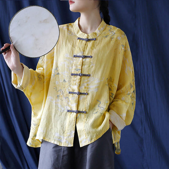 Chemise veste en lin ramie à manches longues avec imprimé phénix jaune Buddha Stones et boutons de grenouille - Veste courte Yellow Phoenix (Convient aux tailles US 4-14 ; UK/AU 8-18 ; EU 36-46) (Veste uniquement) - image 0