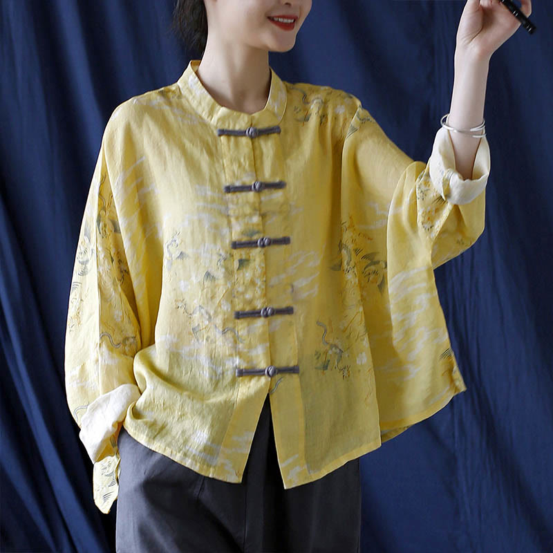 Chemise veste en lin ramie à manches longues avec imprimé phénix jaune Buddha Stones et boutons de grenouille - image 15