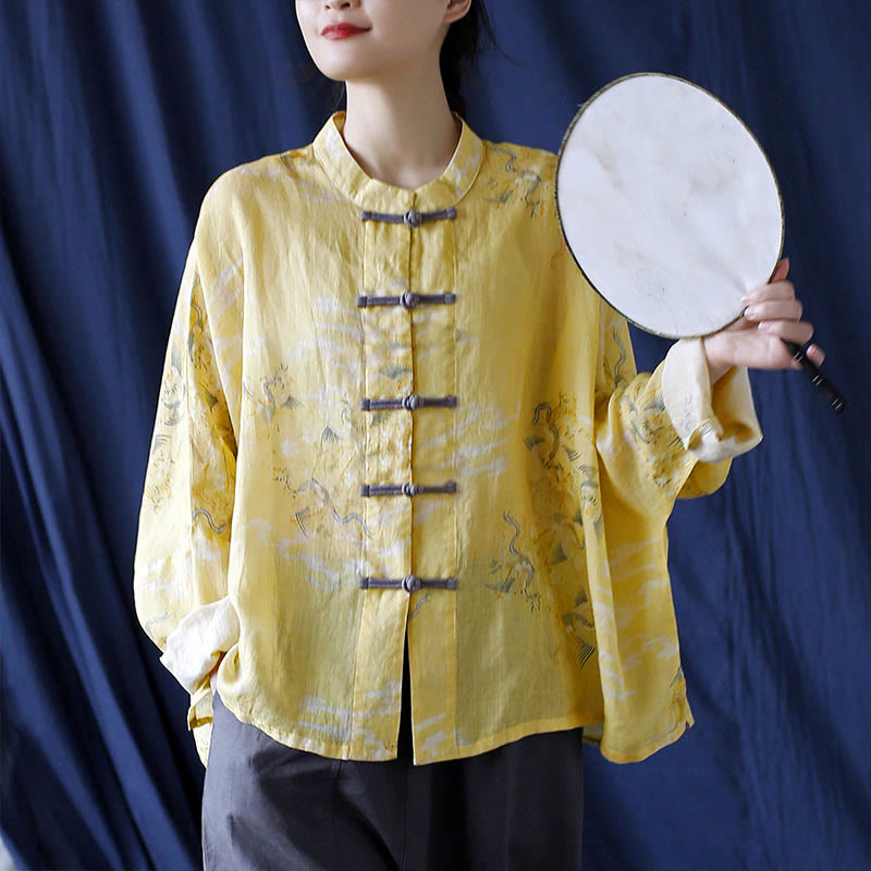 Chemise veste en lin ramie à manches longues avec imprimé phénix jaune Buddha Stones et boutons de grenouille - image 13