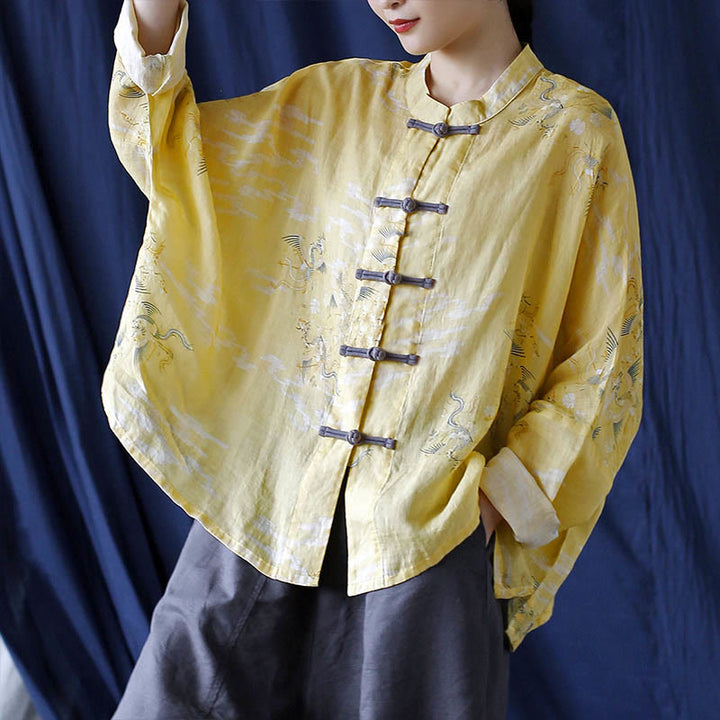 Chemise veste en lin ramie à manches longues avec imprimé phénix jaune Buddha Stones et boutons de grenouille - image 17