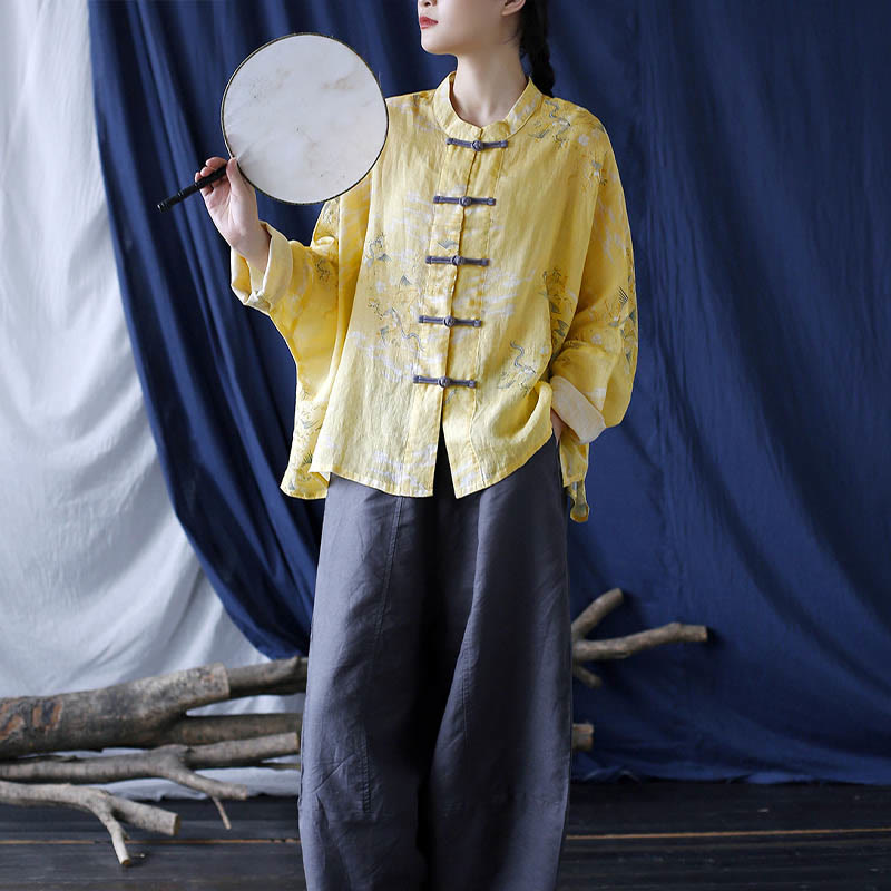 Chemise veste en lin ramie à manches longues avec imprimé phénix jaune Buddha Stones et boutons de grenouille - image 20