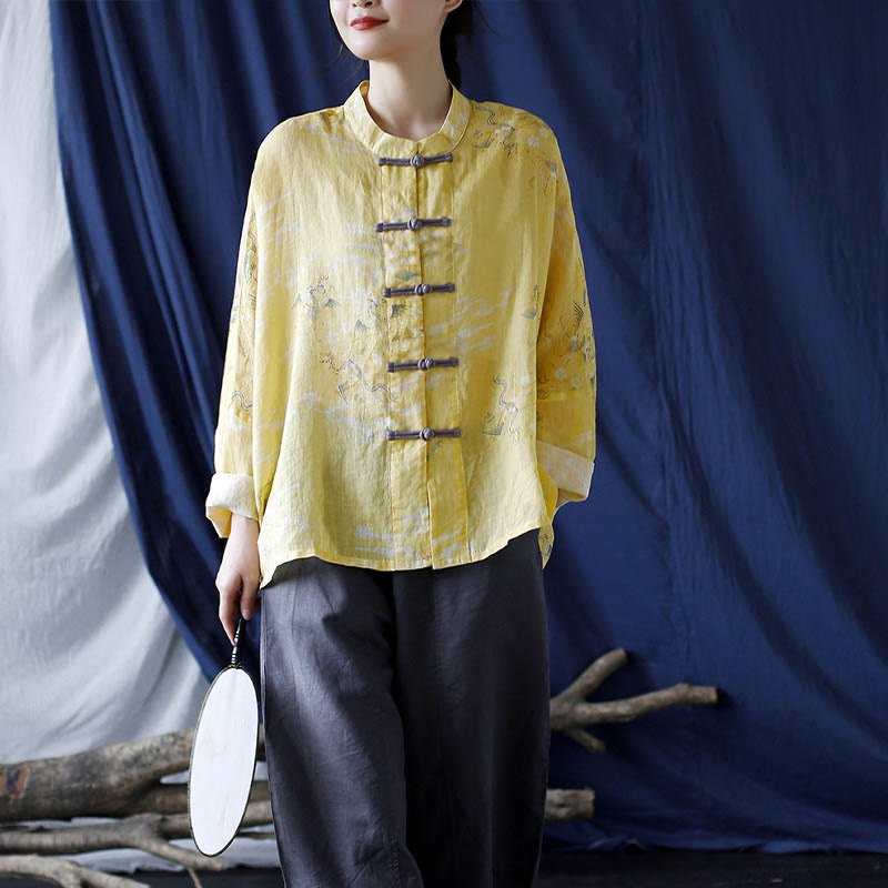 Chemise veste en lin ramie à manches longues avec imprimé phénix jaune Buddha Stones et boutons de grenouille - image 19