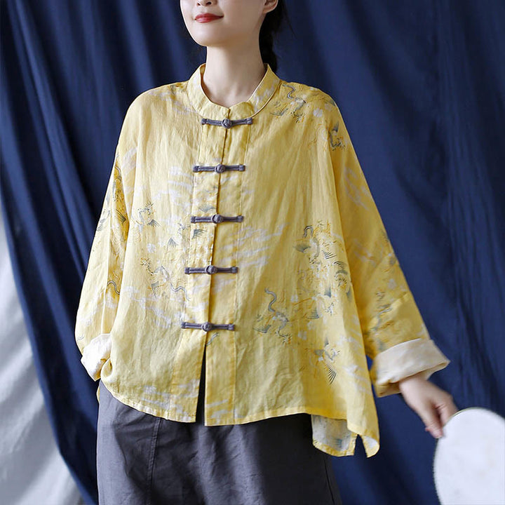 Chemise veste en lin ramie à manches longues avec imprimé phénix jaune Buddha Stones et boutons de grenouille - image 18