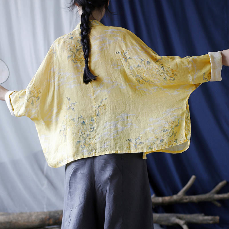 Chemise veste en lin ramie à manches longues avec imprimé phénix jaune Buddha Stones et boutons de grenouille - image 4