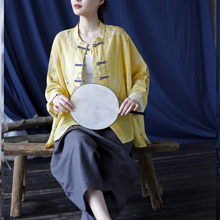 Chemise veste en lin ramie à manches longues avec imprimé phénix jaune Buddha Stones et boutons de grenouille - image 21