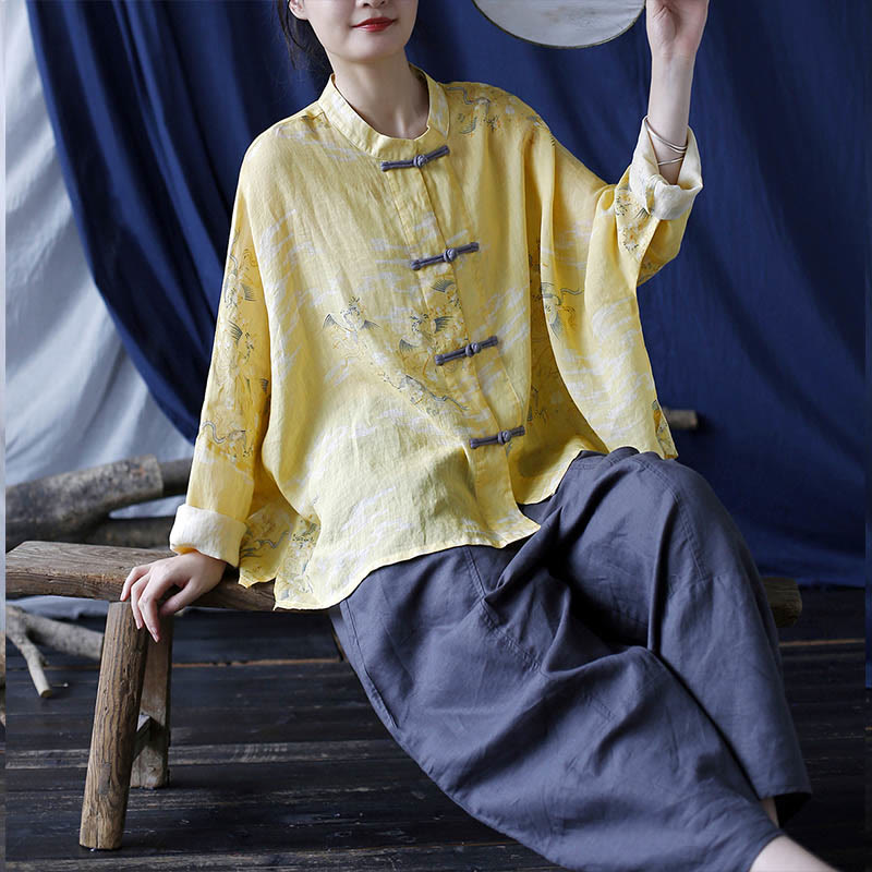 Chemise veste en lin ramie à manches longues avec imprimé phénix jaune Buddha Stones et boutons de grenouille - image 22