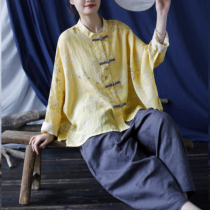 Chemise veste en lin ramie à manches longues avec imprimé phénix jaune Buddha Stones et boutons de grenouille - image 22