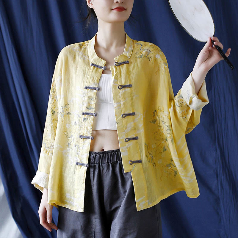 Chemise veste en lin ramie à manches longues avec imprimé phénix jaune Buddha Stones et boutons de grenouille - image 23