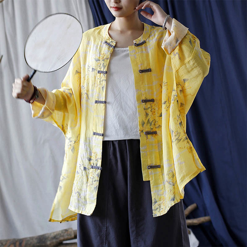 Chemise veste en lin ramie à manches longues avec imprimé phénix jaune Buddha Stones et boutons de grenouille - Yellow Phoenix Long Style (Convient aux tailles US 4-14 ; UK/AU 8-18 ; EU 36-46) (Veste uniquement) - image 24
