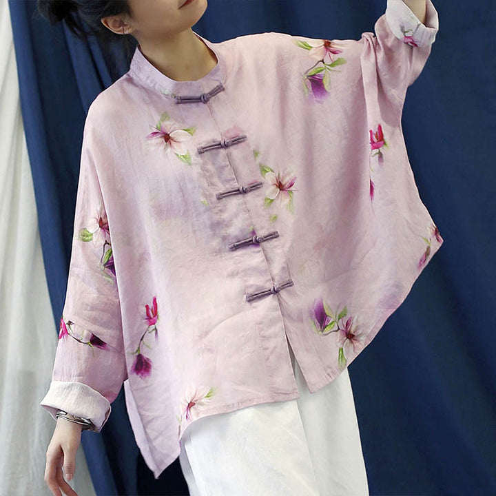 Chemise à manches longues en lin ramie avec imprimé fleur rose Buddha Stones et boutons de grenouille - image 4