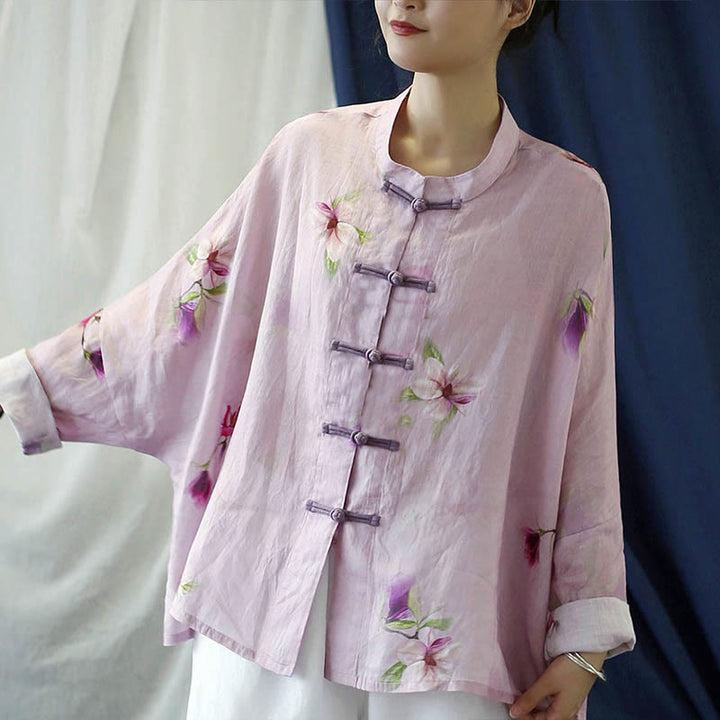 Chemise à manches longues en lin ramie avec imprimé fleur rose Buddha Stones et boutons de grenouille - image 1