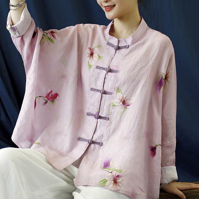 Chemise à manches longues en lin ramie avec imprimé fleur rose Buddha Stones et boutons de grenouille - Short à fleurs roses (tailles US4-14 ; UK/AU8-18 ; EU36-46) (veste uniquement) - image 0