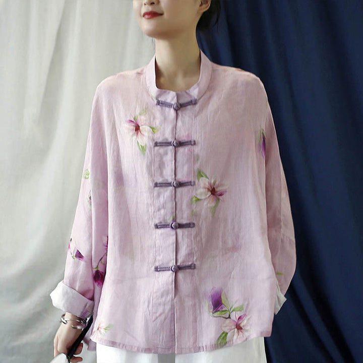 Chemise à manches longues en lin ramie avec imprimé fleur rose Buddha Stones et boutons de grenouille - image 7