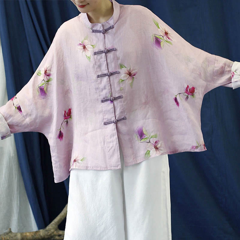 Chemise à manches longues en lin ramie avec imprimé fleur rose Buddha Stones et boutons de grenouille - image 6