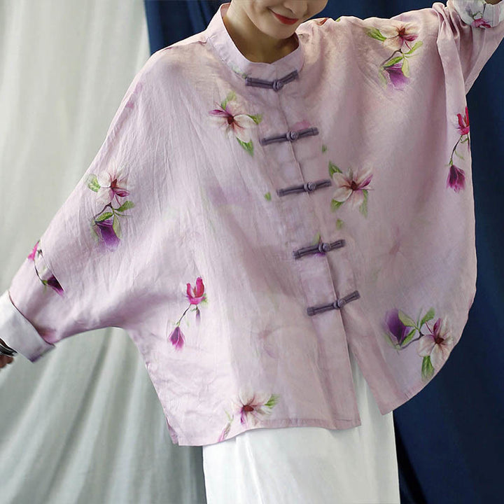 Chemise à manches longues en lin ramie avec imprimé fleur rose Buddha Stones et boutons de grenouille - image 9