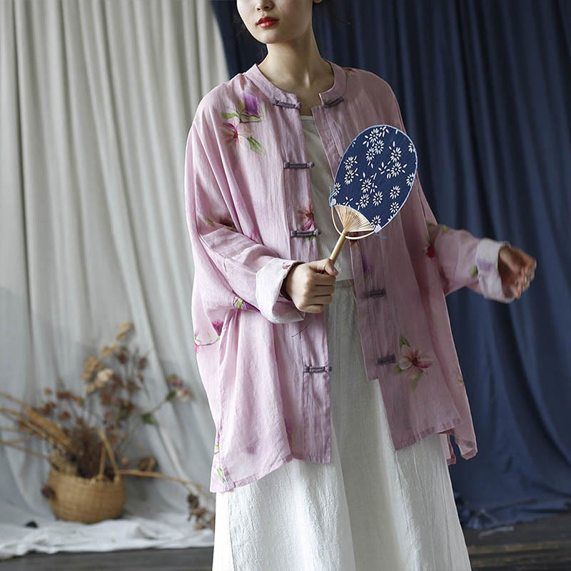 Chemise à manches longues en lin ramie avec imprimé fleur rose Buddha Stones et boutons de grenouille - image 25