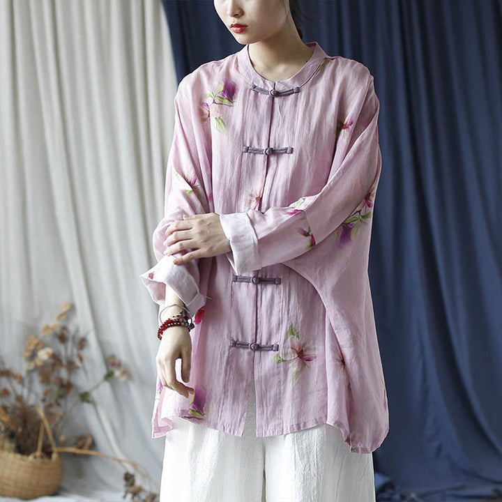 Chemise à manches longues en lin ramie avec imprimé fleur rose Buddha Stones et boutons de grenouille - image 27