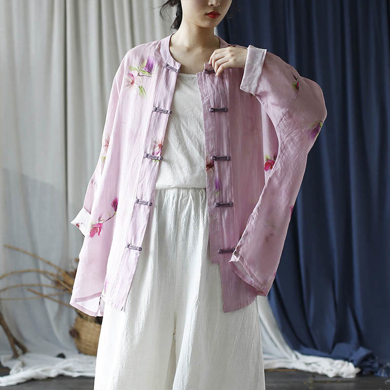 Chemise à manches longues en lin ramie avec imprimé fleur rose Buddha Stones et boutons de grenouille - image 29