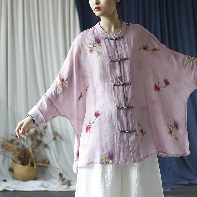Chemise à manches longues en lin ramie avec imprimé fleur rose Buddha Stones et boutons de grenouille - image 22